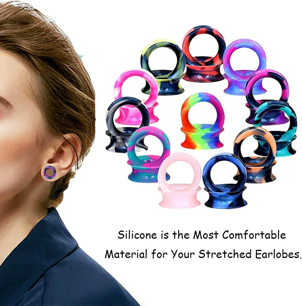 Qmcandy 54-56pcs Soft Flexible Colorful Silicone Ear Tunnels Piercing Gauges for Ear 2g-1 inch
