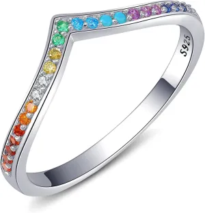 Rainbow V Shape Ring, 925 Sterling Silver Colorful CZ Stackable Chevron Ring for Anniversary Promise Wedding Engagement, Jewellery Gifts for Women Band Sizes 6-9