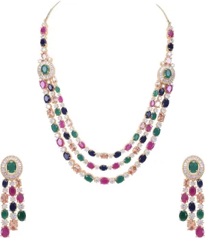 Ratnavali Jewels Cubic Zirconia Gorgeous Wedding Bridal Multi Strand Necklace Dangle Earrings Jewelry Set
