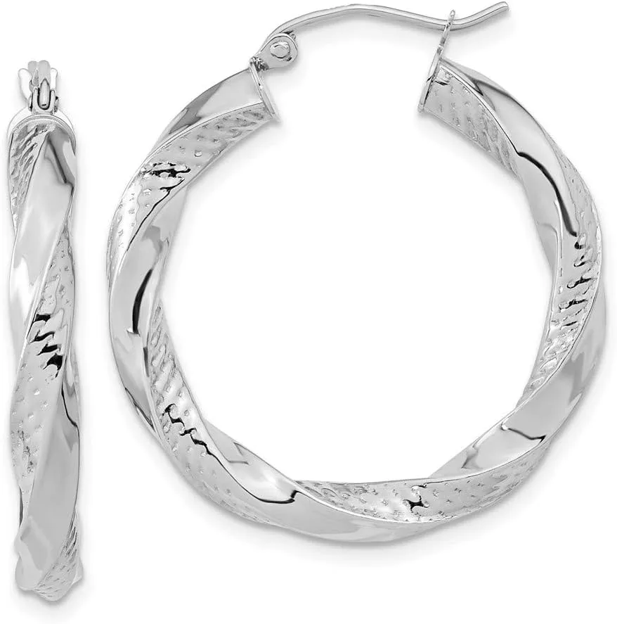 Real 10K White Gold and Textured Twist Hoop Earrings - 32mm x 29mm