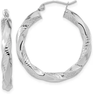 Real 10K White Gold and Textured Twist Hoop Earrings - 32mm x 29mm