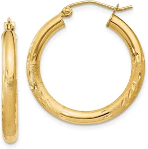 Real 10k Yellow Gold Diamond-cut 3mm Round Hoop Brushed Matte Finish Earrings - 25mm x 3mm