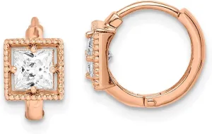 Real 14k Rose Gold Princess Cut CZ Cubic Zirconia Hoop Earrings