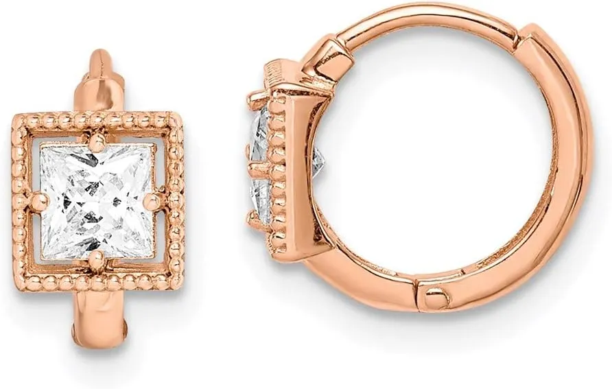 Real 14k Rose Gold Princess Cut CZ Cubic Zirconia Hoop Earrings