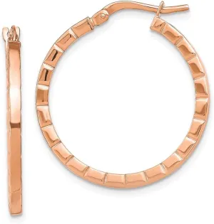 Real 14k Rose Gold Striped Edge Hoop Earrings - 27mm x 26mm