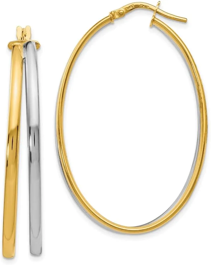 Real 14k White and Yellow Gold Two Toned Tube Hoop Earrings - 44mm x 28mm