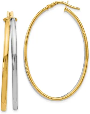 Real 14k White and Yellow Gold Two Toned Tube Hoop Earrings - 44mm x 28mm