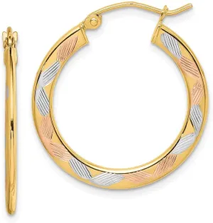 Real 14k White and Yellow Gold Two Toned White and Rose Diamond-cut Hoop Earrings