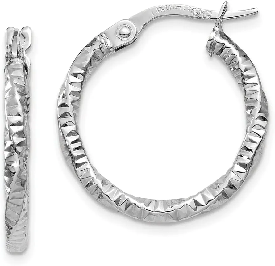 Real 14K White Gold and Textured Tube Hoop Earrings - 19mm x 2mm