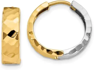 Real 14k Yellow and White Gold Two Tone Textured Hinged Hoop Huggie Earrings - 14mm x 15mm
