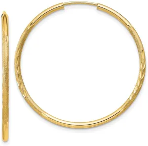 Real 14k Yellow Gold 1.5mm Diamond-cut Endless Hoop Brushed Matte Finish Earrings 30mm