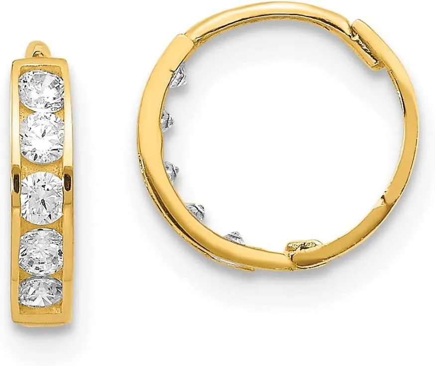 Real 14k Yellow Gold CZ Cubic Zirconia Hinged Hoop Huggie Earrings - 9mm x 10mm