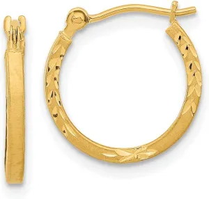 Real 14k Yellow Gold Diamond-Cut Design Tube Hoops Brushed Matte Finish Earrings - 15mm x 14mm