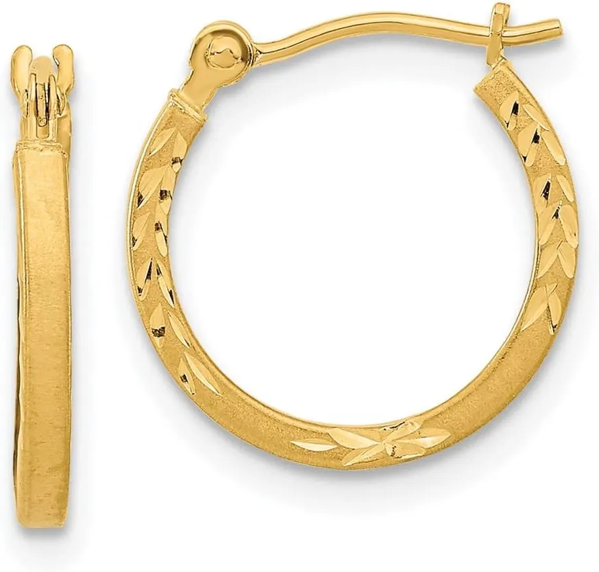 Real 14k Yellow Gold Diamond-Cut Design Tube Hoops Brushed Matte Finish Earrings - 15mm x 14mm
