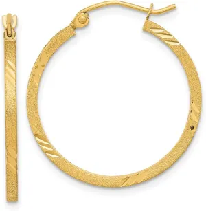 Real 14k Yellow Gold Diamond-Cut Square Tube Hoop Brushed Matte Finish Earrings - 27mm x 25mm
