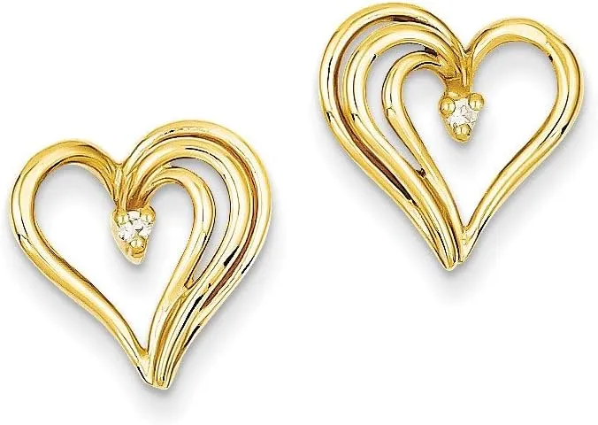 Real 14k Yellow Gold Diamond heart Studs Earring 13mm (.034 cttw.)