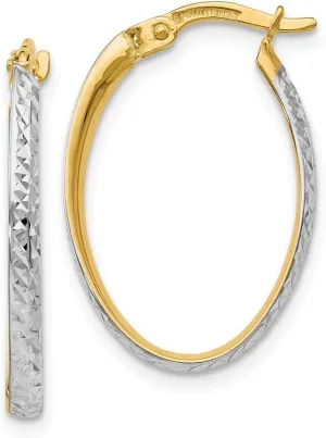 Real 14k Yellow Gold Two Toned Diamond-Cut Oval Tube Hoop Earrings - 23mm x 16mm