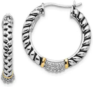 Real 925 Sterling Silver 14k Yellow Gold Diamond Hoop Earrings - 22mm x 25mm (.01 cttw.)