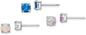 Real 925 Sterling Silver Created Opal Set of 3 Stud Earrings