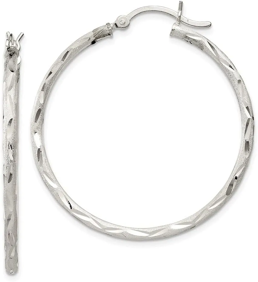 Real 925 Sterling Silver Finish Diamond-cut Hinged Hoop Brushed Matte Finish Earrings 38mm