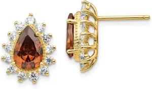 Real 925 Sterling Silver Gold Plated CZ Cubic Zirconia and Brown CZ Cubic Zirconia Stud Earrings - 14mm x 11mm