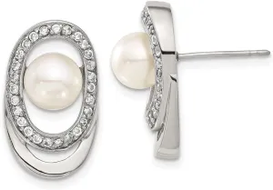 Real Stainless Steel Simulated Pearl and CZ Cubic Zirconia Studs Earrings - 18mm x 11mm