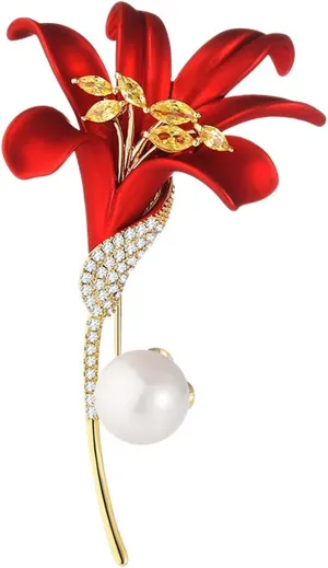 Red Lily Flower Brooch Pins for Women Fashion Broach with Imitation Pearl Brooches for Christmas Birthday Gift