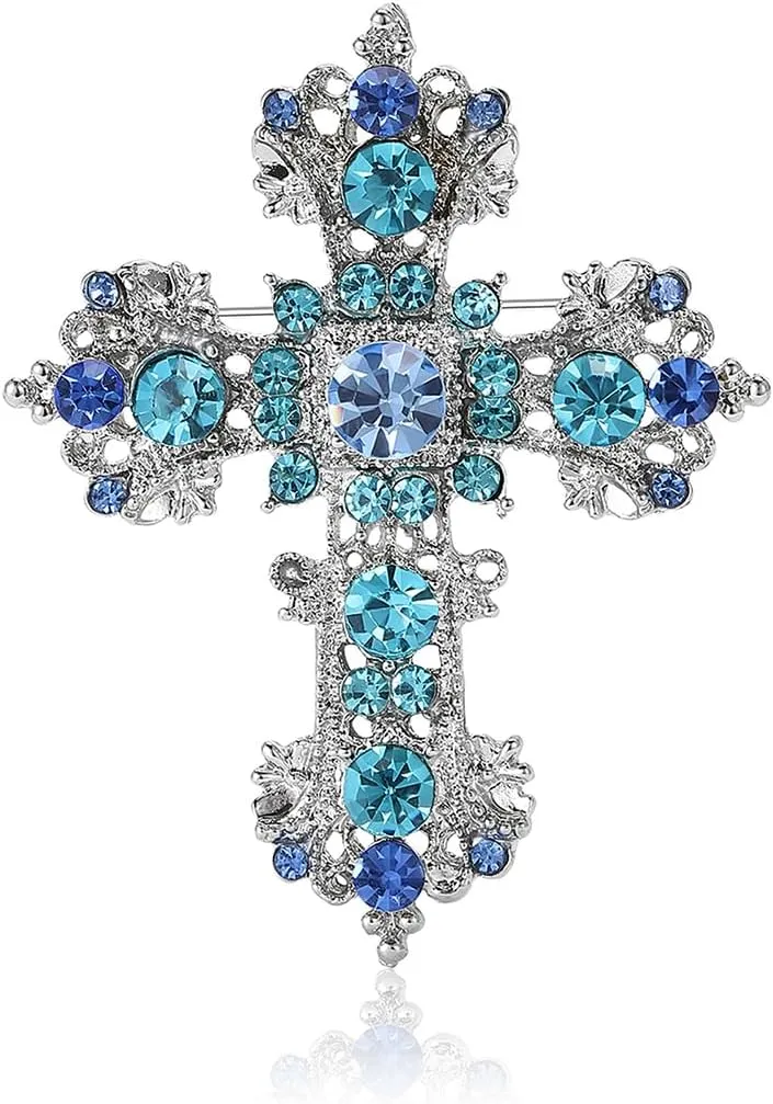 Rhinestone Cross Brooch for Women Men Vintage Big Crystal Cross Brooch Sparkling Cubic Zirconia Statement Cross Pin Elegant Clothing Hat Bag Skirt Accessories Christmas Halloween Birthday Party Costume Jewelry
