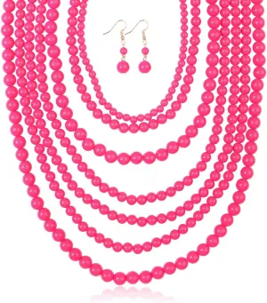 RIAH FASHION Multi Beaded Bubble Statement Necklace - Round Ball Chunky Drape Bib Collar Marbled, 7 Layer Long