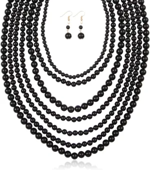 RIAH FASHION Multi Beaded Bubble Statement Necklace - Round Ball Chunky Drape Bib Collar Marbled, 7 Layer Long