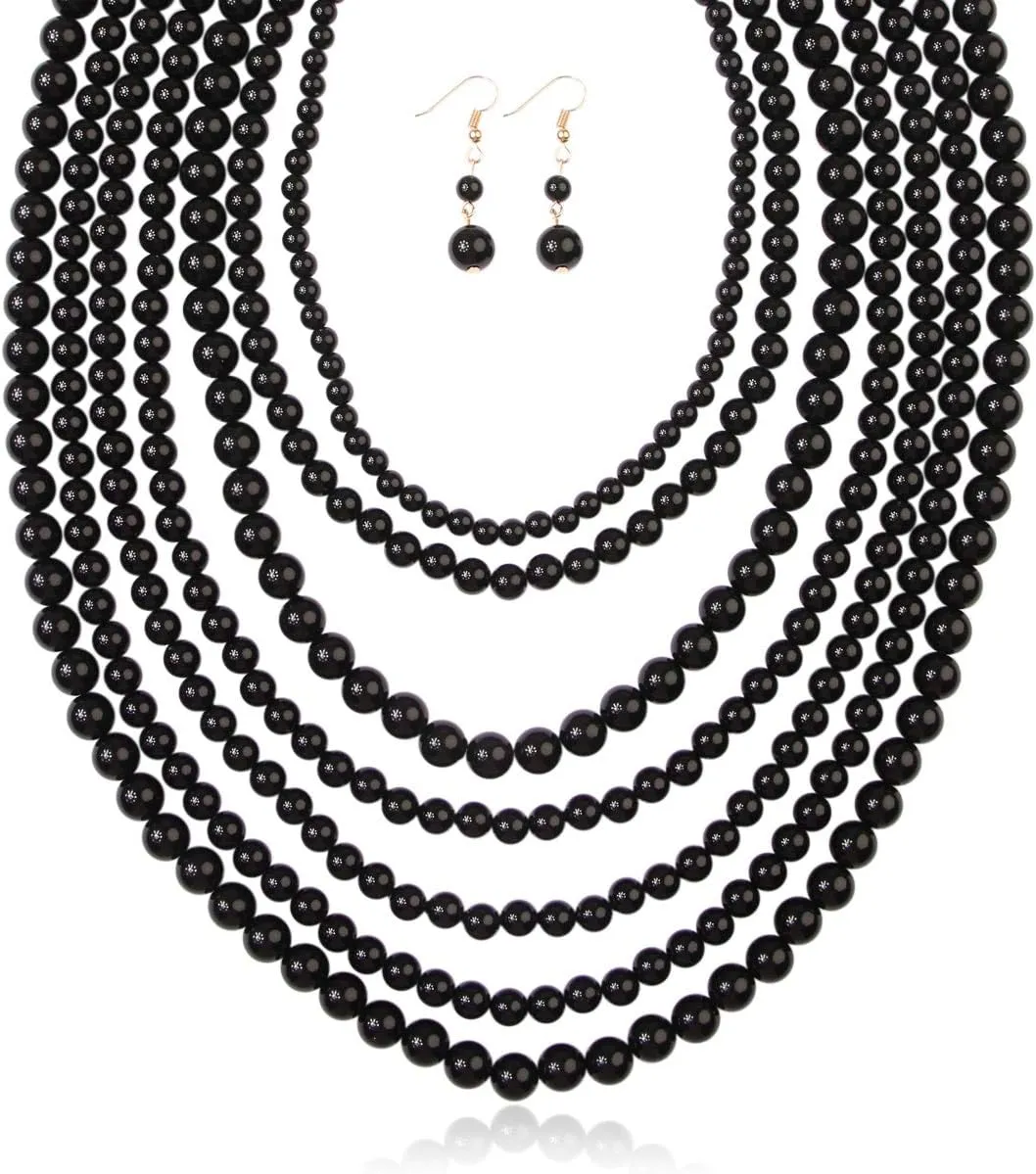 RIAH FASHION Multi Beaded Bubble Statement Necklace - Round Ball Chunky Drape Bib Collar Marbled, 7 Layer Long
