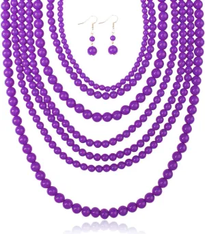 RIAH FASHION Multi Beaded Bubble Statement Necklace - Round Ball Chunky Drape Bib Collar Marbled, 7 Layer Long