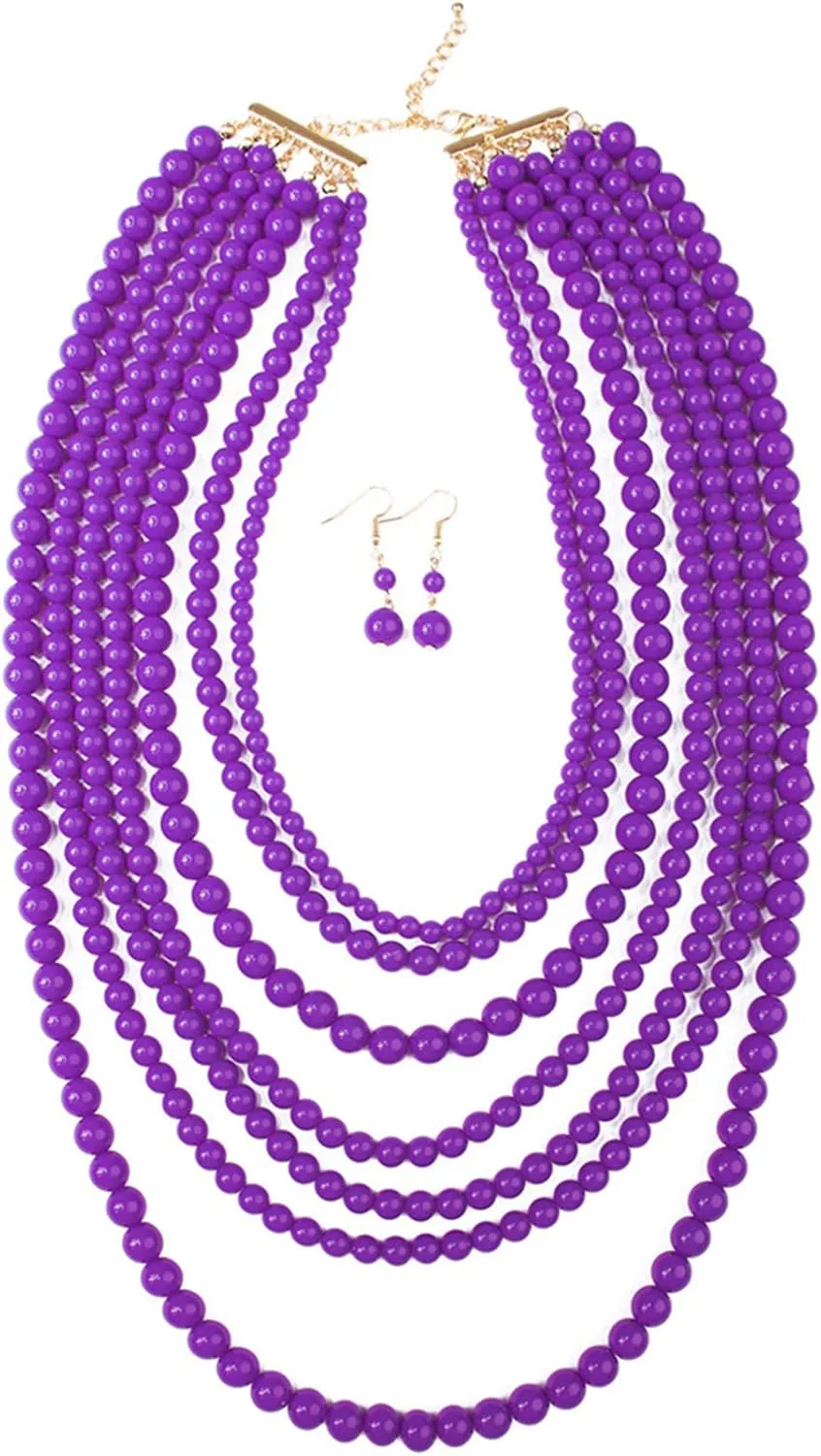 RIAH FASHION Multi Beaded Bubble Statement Necklace - Round Ball Chunky Drape Bib Collar Marbled, 7 Layer Long