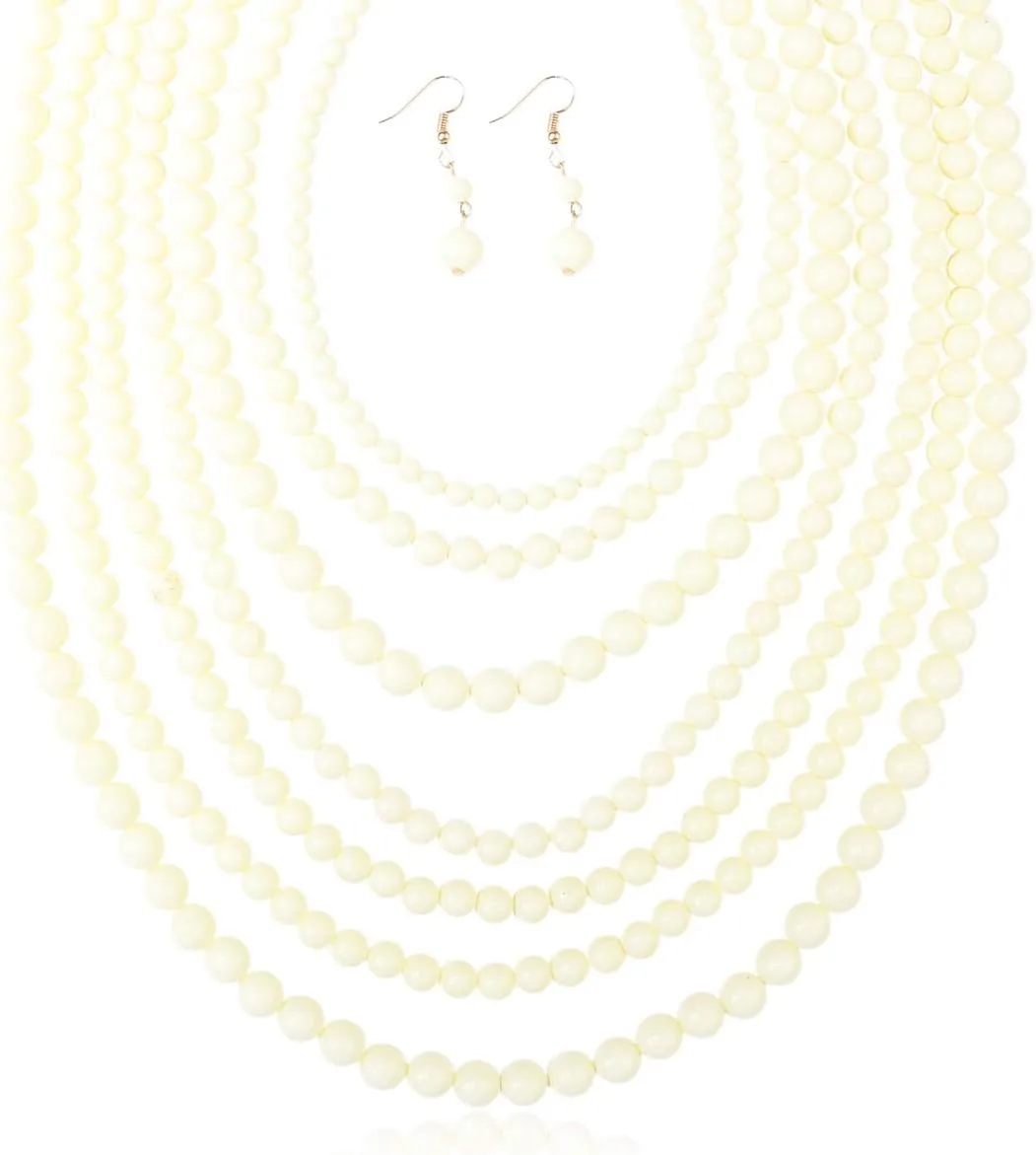 RIAH FASHION Multi Beaded Bubble Statement Necklace - Round Ball Chunky Drape Bib Collar Marbled, 7 Layer Long