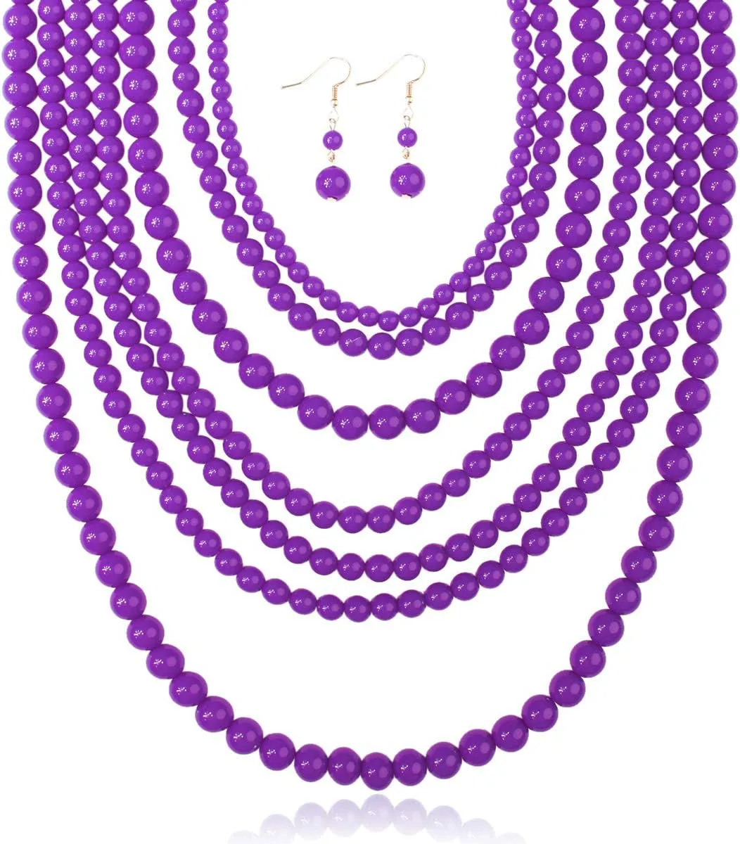 RIAH FASHION Multi Beaded Bubble Statement Necklace - Round Ball Chunky Drape Bib Collar Marbled, 7 Layer Long