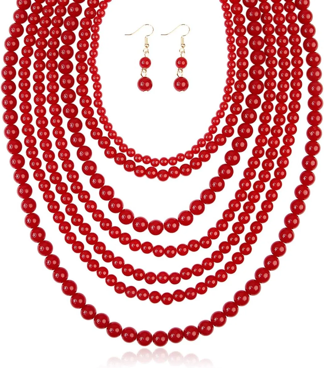 RIAH FASHION Multi Beaded Bubble Statement Necklace - Round Ball Chunky Drape Bib Collar Marbled, 7 Layer Long