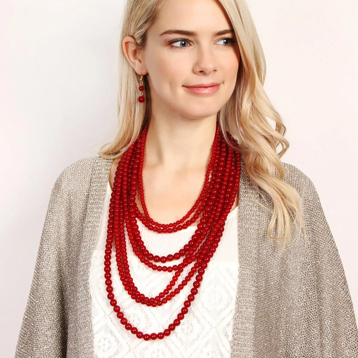 RIAH FASHION Multi Beaded Bubble Statement Necklace - Round Ball Chunky Drape Bib Collar Marbled, 7 Layer Long