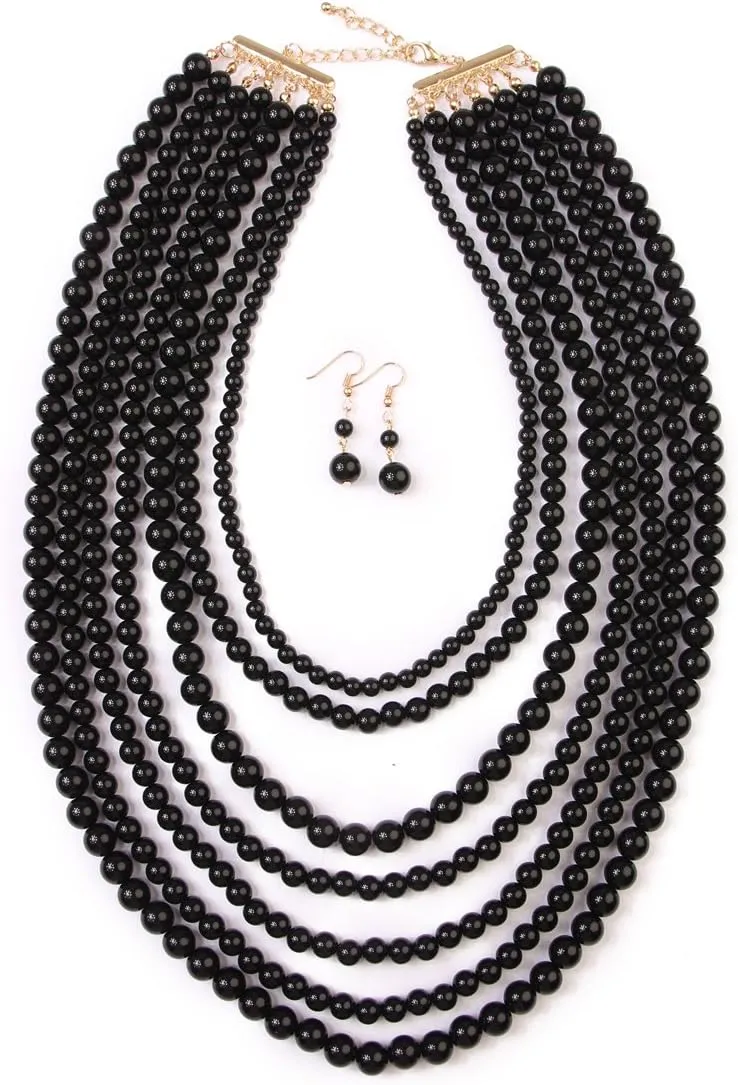 RIAH FASHION Multi Beaded Bubble Statement Necklace - Round Ball Chunky Drape Bib Collar Marbled, 7 Layer Long