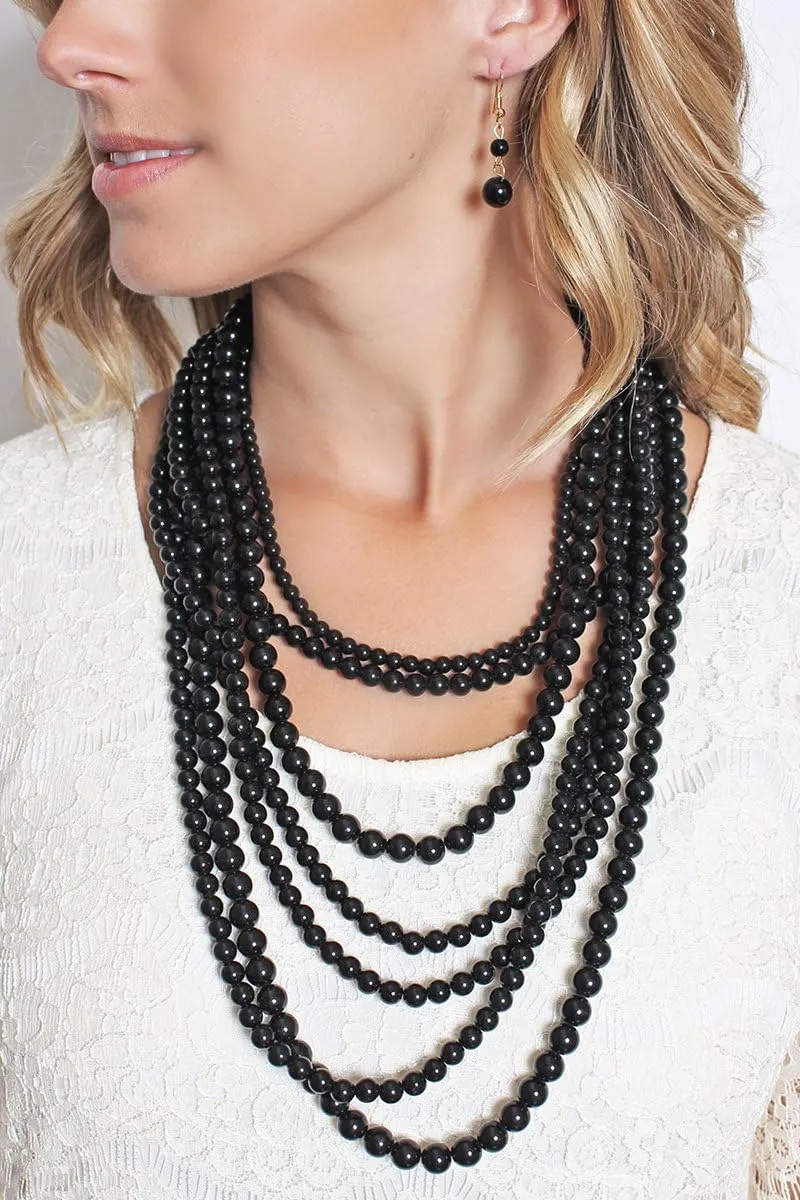 RIAH FASHION Multi Beaded Bubble Statement Necklace - Round Ball Chunky Drape Bib Collar Marbled, 7 Layer Long