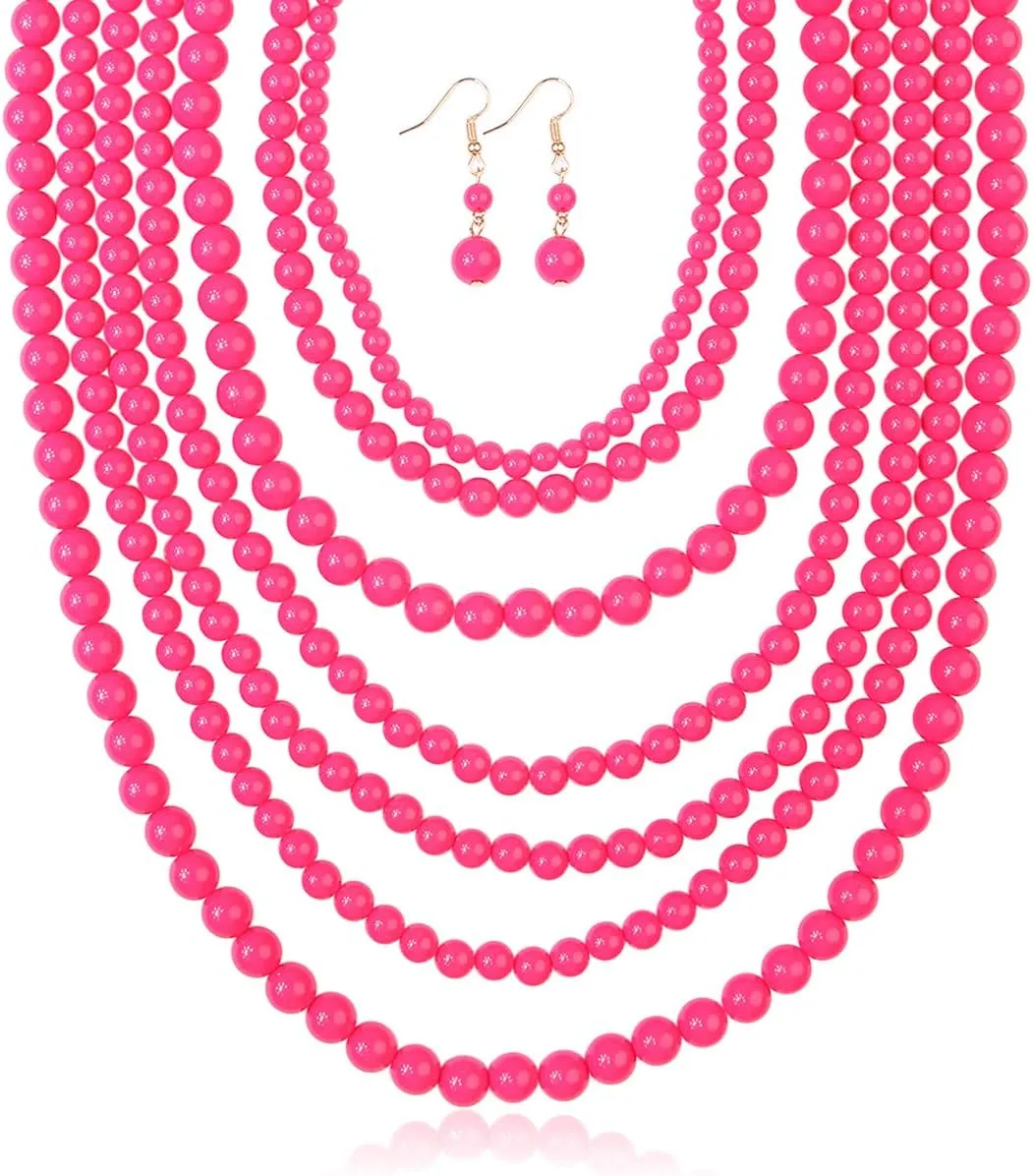 RIAH FASHION Multi Beaded Bubble Statement Necklace - Round Ball Chunky Drape Bib Collar Marbled, 7 Layer Long
