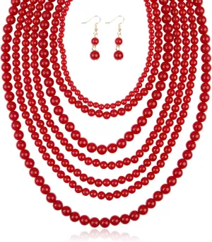 RIAH FASHION Multi Beaded Bubble Statement Necklace - Round Ball Chunky Drape Bib Collar Marbled, 7 Layer Long