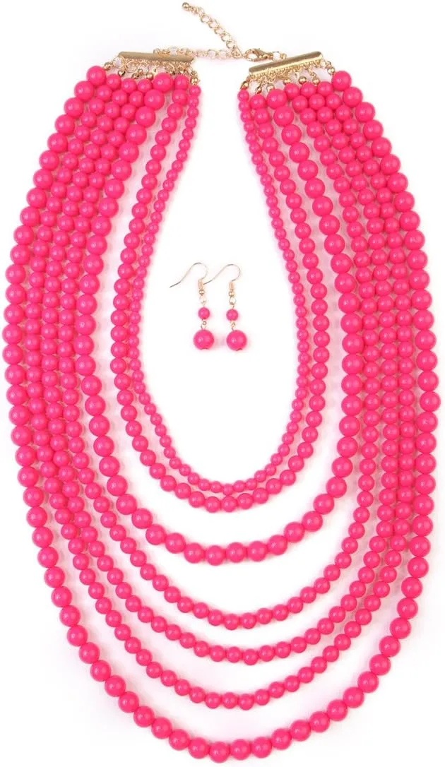 RIAH FASHION Multi Beaded Bubble Statement Necklace - Round Ball Chunky Drape Bib Collar Marbled, 7 Layer Long