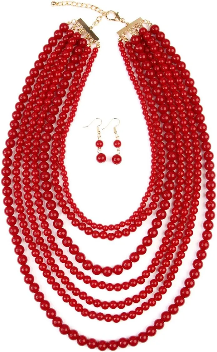 RIAH FASHION Multi Beaded Bubble Statement Necklace - Round Ball Chunky Drape Bib Collar Marbled, 7 Layer Long
