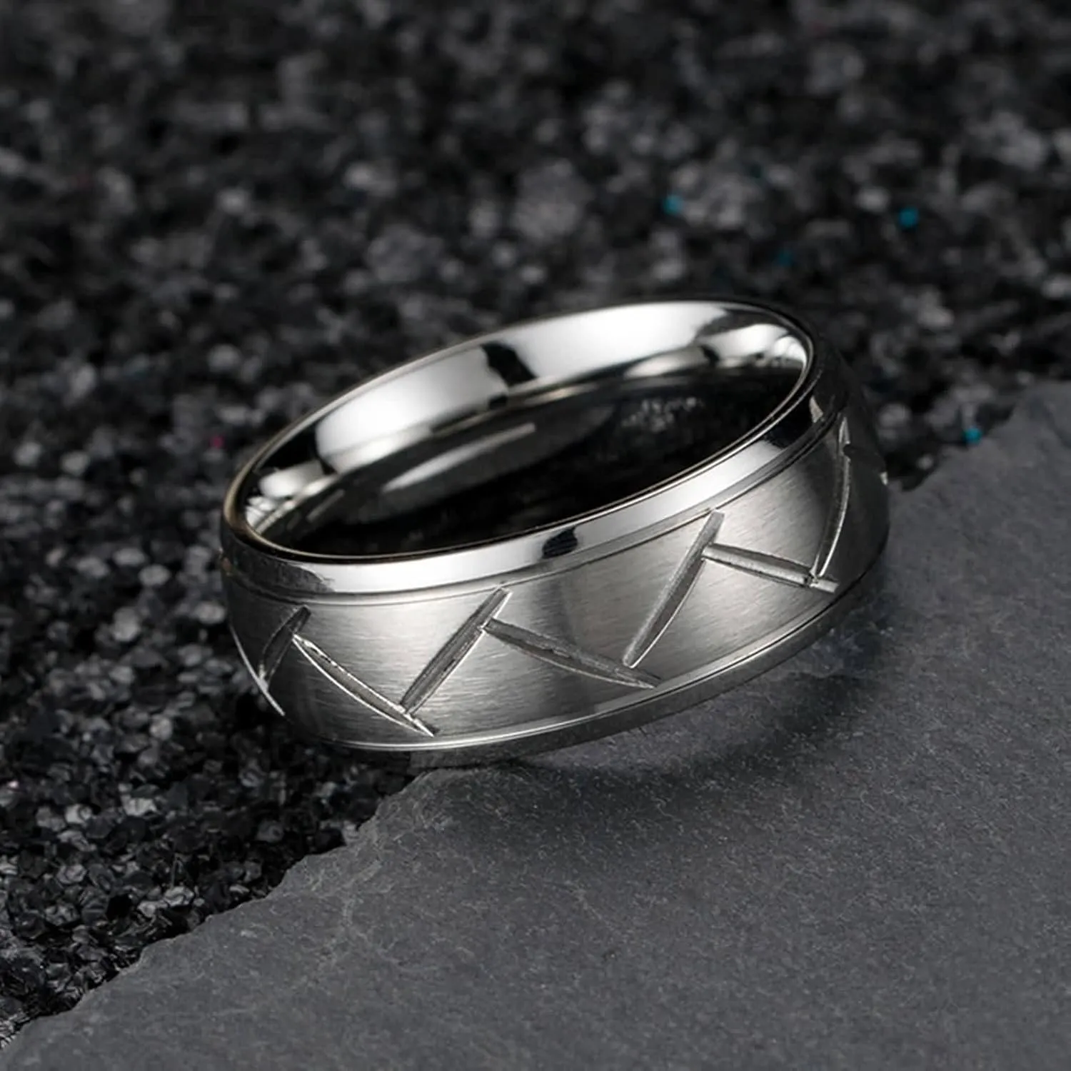 Rings for Couples Stainless Steel, Black Silver Brushed Ring 8mm, Personalized