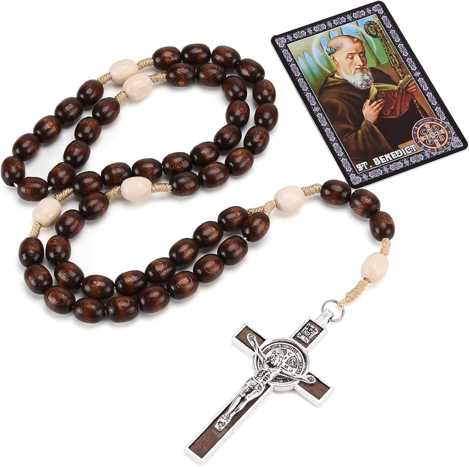 Rosary Beads Catholic for Women Men, Orthodox Rosaries Crucifix Necklace with Saint Benedict Medal Prayer Card, Handmade Wood Holy Rosary Cross Catholic Gifts, Mexican Rosarios Catolicos Para Hombre