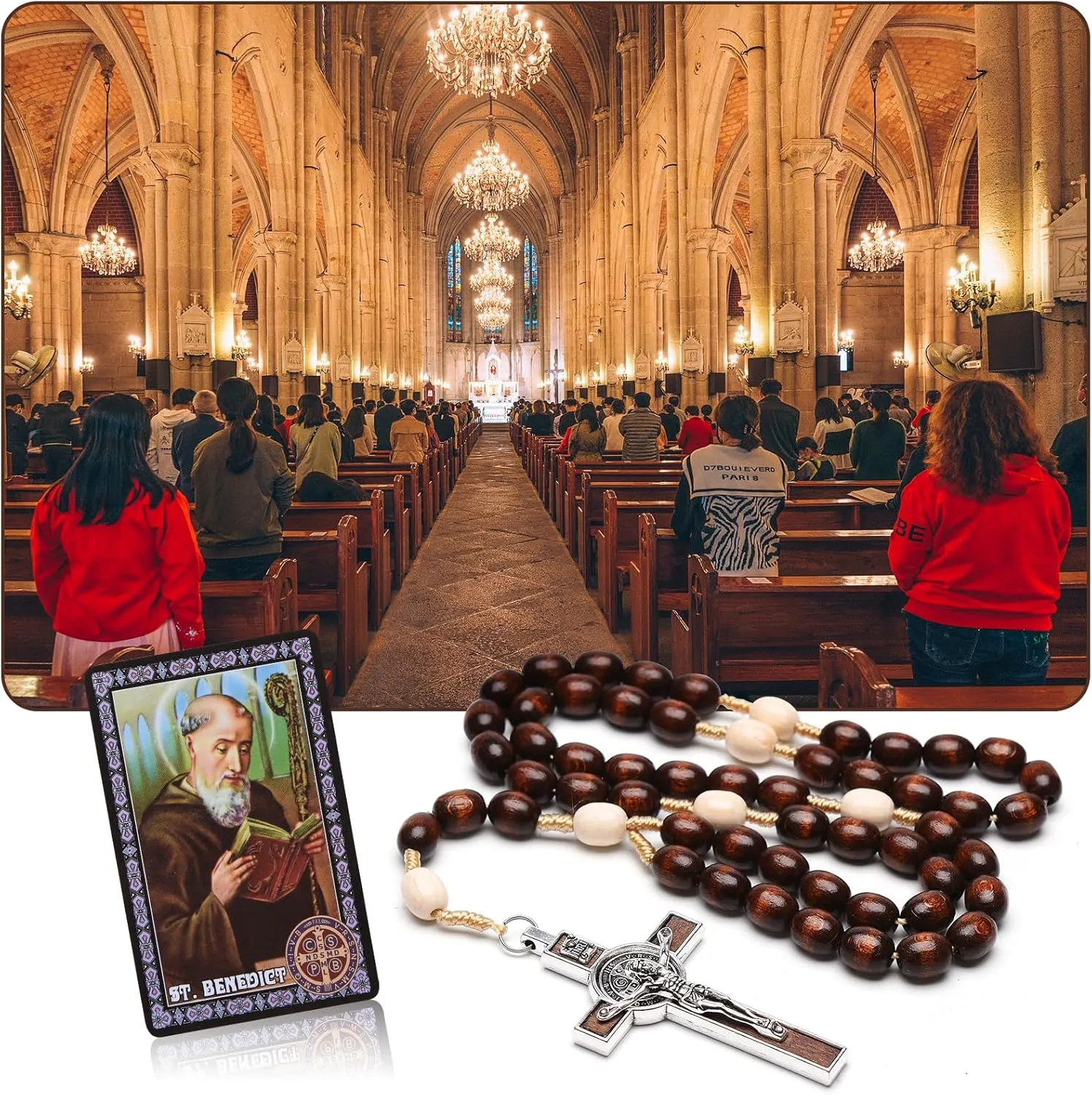 Rosary Beads Catholic for Women Men, Orthodox Rosaries Crucifix Necklace with Saint Benedict Medal Prayer Card, Handmade Wood Holy Rosary Cross Catholic Gifts, Mexican Rosarios Catolicos Para Hombre
