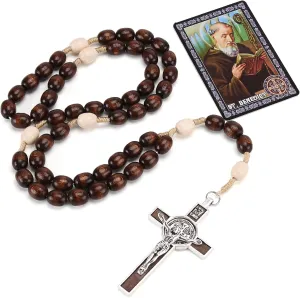 Rosary Beads Catholic for Women Men, Orthodox Rosaries Crucifix Necklace with Saint Benedict Medal Prayer Card, Handmade Wood Holy Rosary Cross Catholic Gifts, Mexican Rosarios Catolicos Para Hombre