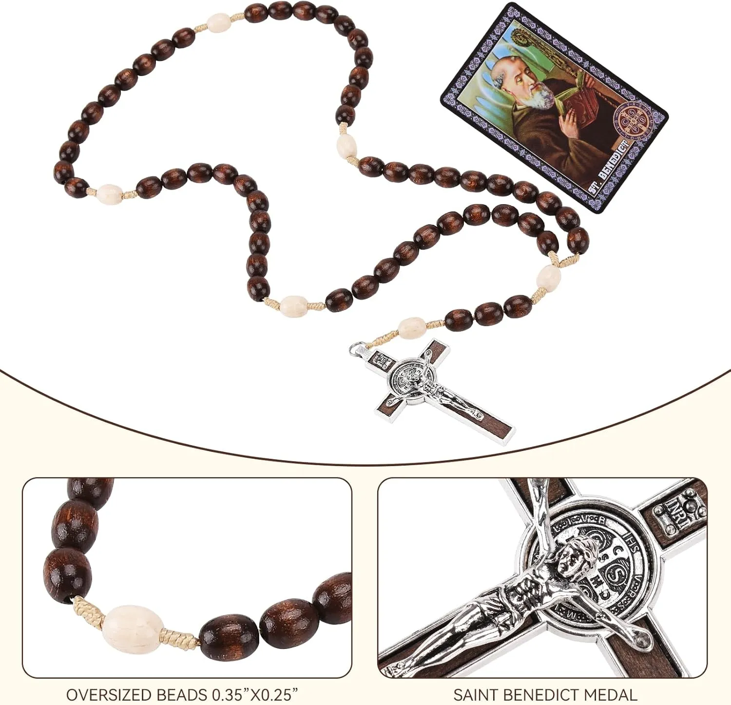 Rosary Beads Catholic for Women Men, Orthodox Rosaries Crucifix Necklace with Saint Benedict Medal Prayer Card, Handmade Wood Holy Rosary Cross Catholic Gifts, Mexican Rosarios Catolicos Para Hombre