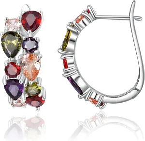 Rose Gold Hoop Earring for Women Multicolored Crystal Earring Sterling Silver Multi Gemstone Earrings Amethyst Ruby Sapphire Garnet Earring for Fashion Jewelry Ideal Valentine's Day