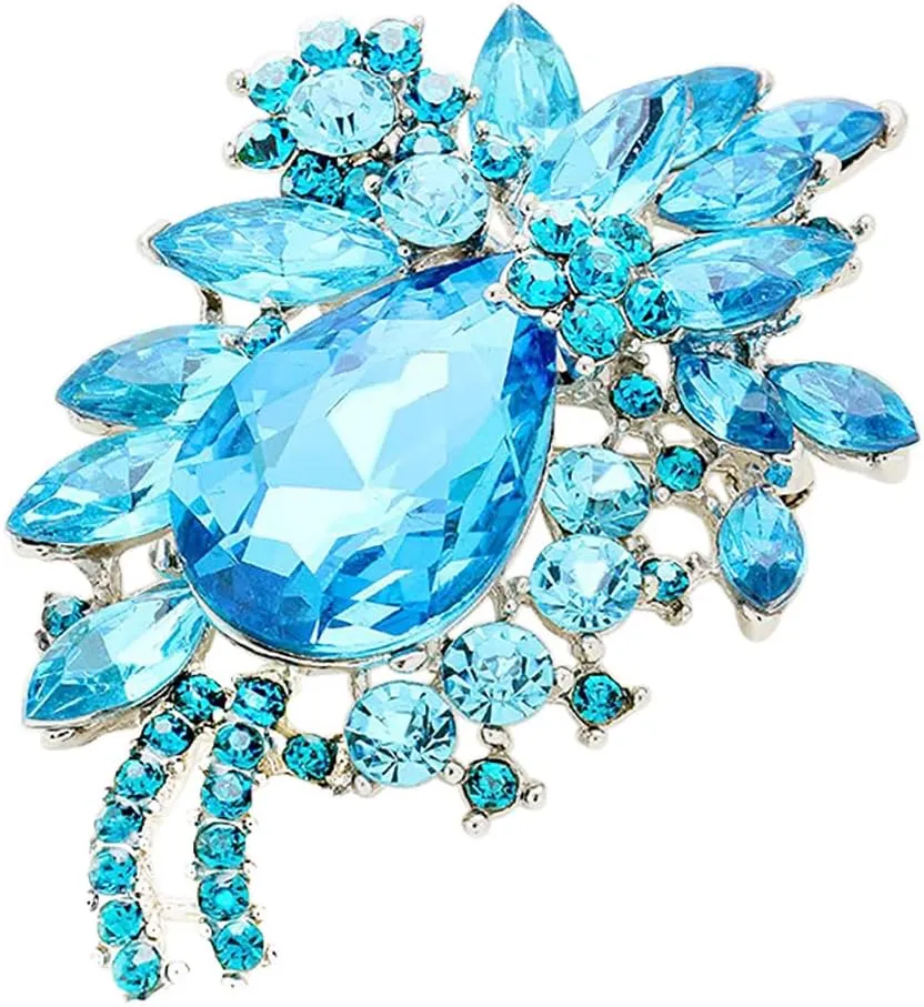 Rosemarie & Jubalee Women's Colorful Crystal Rhinestone Teardrop Flower Statement Brooch Pin With Pendant Loop, 3.25"
